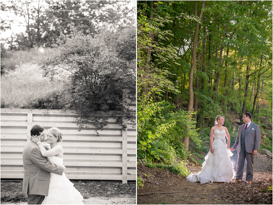 creative, beautiful wedding couple outdoor portraits at Upland Brewery in Bloomington Indiana