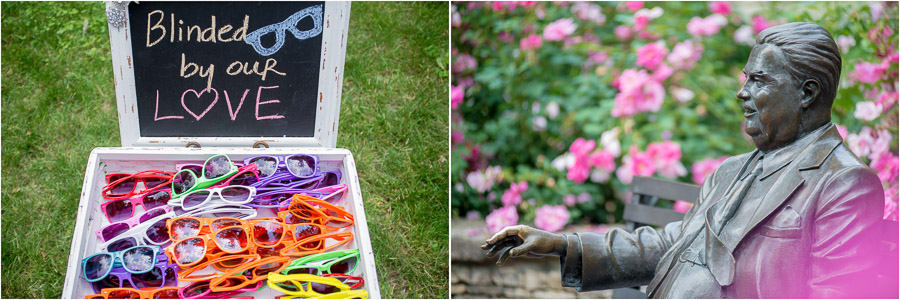 funny, hilarious, bright sunglasses wedding favors detail photography on Indiana University campus