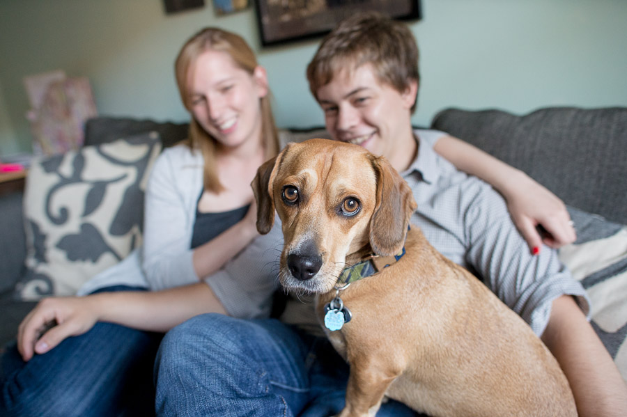 Fun, casual engagement pic with their dog!