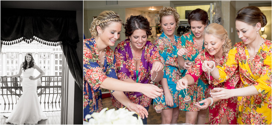 Bridesmaids doing a cake pull at West Baden Springs wedding