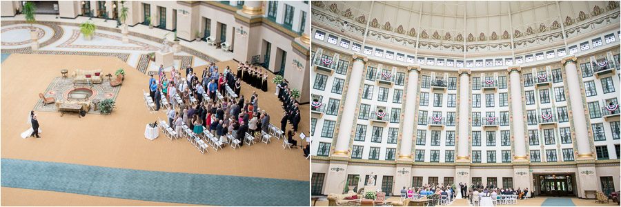 Overhead and ground views of wedding at West Baden Springs Hotel