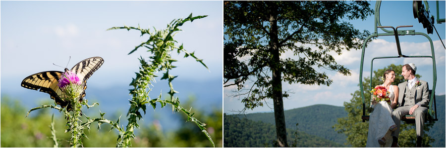 fun, quirky wedding couple photo on ski lift, and creative nature shot of butterfly