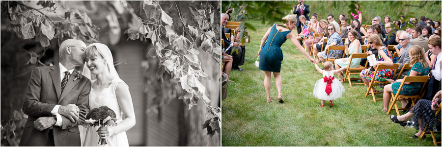 sweet moment of bride and dad and flower girl before Indiana farm wedding ceremony