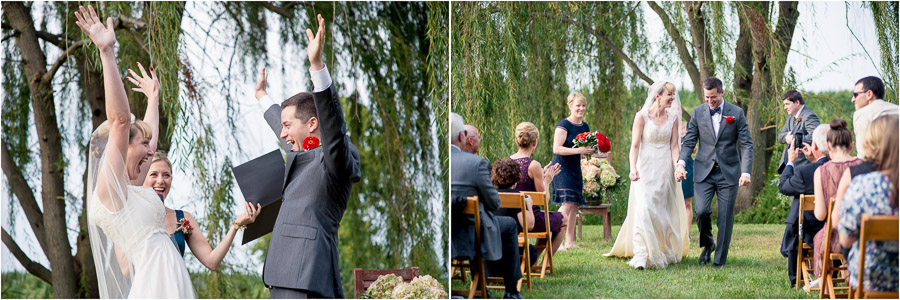 fun, happy, cheerful bride and groom during outdoor farm wedding ceremony