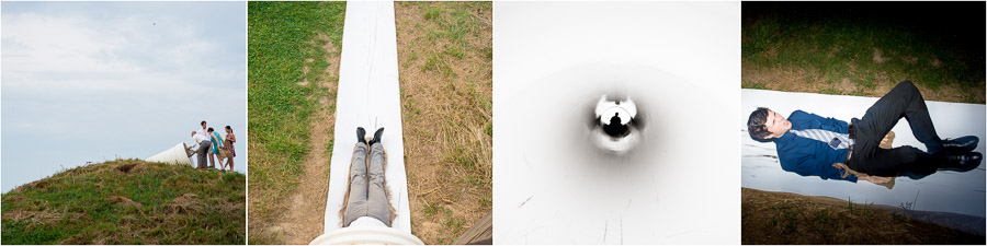 fun, exciting photos of wedding guests on the Dull's Tree Farm slide in Indiana