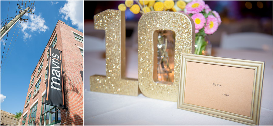 Hilarious and sparkly, glitter, Borat quotes table numbers and decor at Mavris Art Center wedding