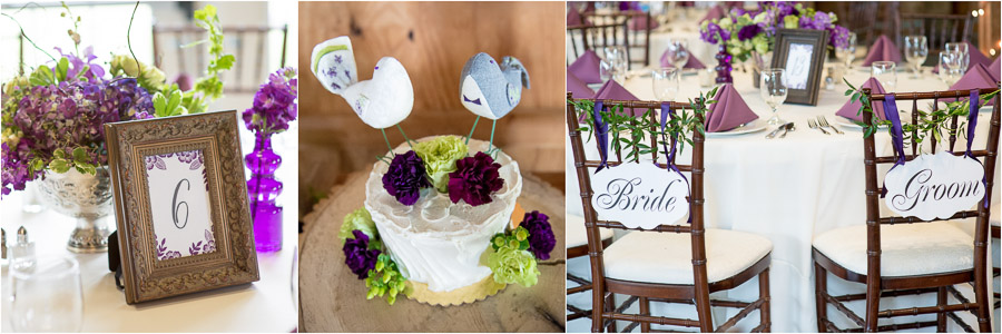 Fun, quirky, purple floral detail with birds at Bluemont Vineyard wedding