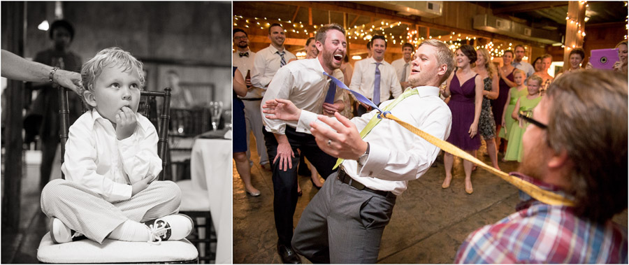 funny photo of kid at reception and wild tie limbo party pic at Bluemont Vineyard