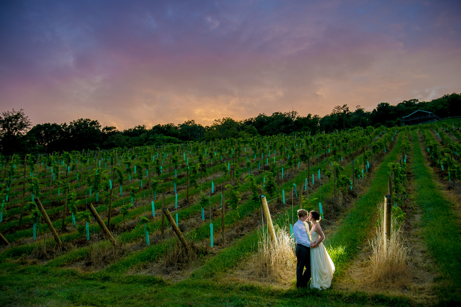 romantic, colorful, unique, vineyard sunset portrait of wedding couple at Virginia winery