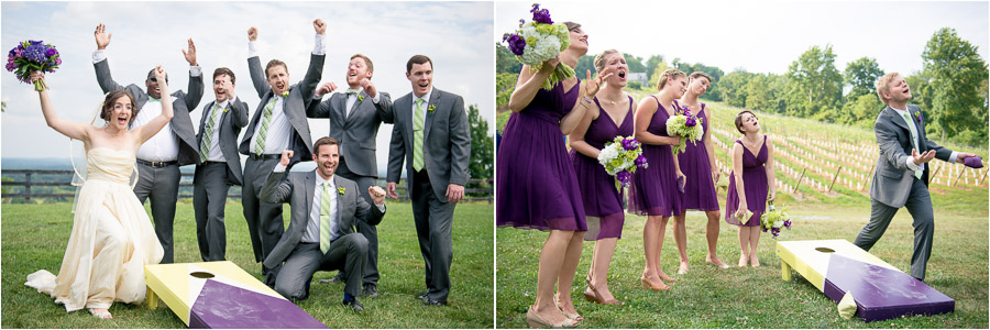 fun, quirky, wedding party portraits playing cornhole 