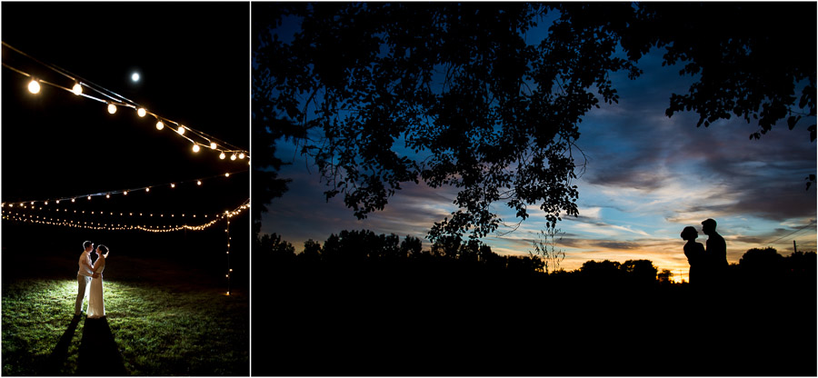 romantic and creative nighttime sunset photos of bride and groom at Indiana farm outdoor wedding