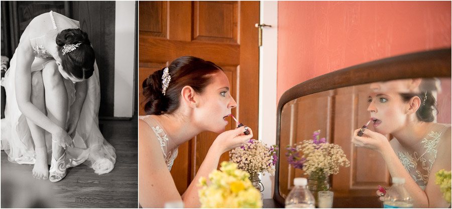 Bride getting ready before wedding ceremony at Mustard Seed Gardens, Noblevilles Indiana