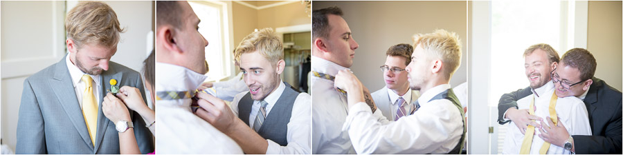 Funny groom and groomsmen getting ready and helping each other before Indiana wedding