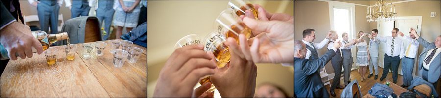 fun sequence of bridal party taking shots before wedding ceremony at Mustard Seed Gardens