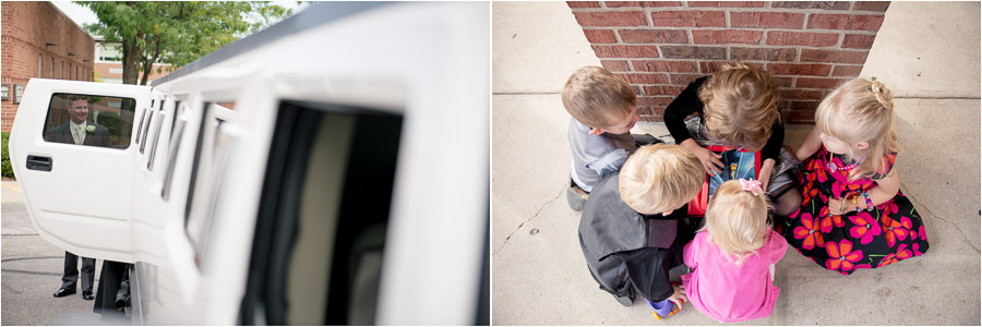 cute kids hanging out after wedding ceremony and groom with white stretch hummer limo