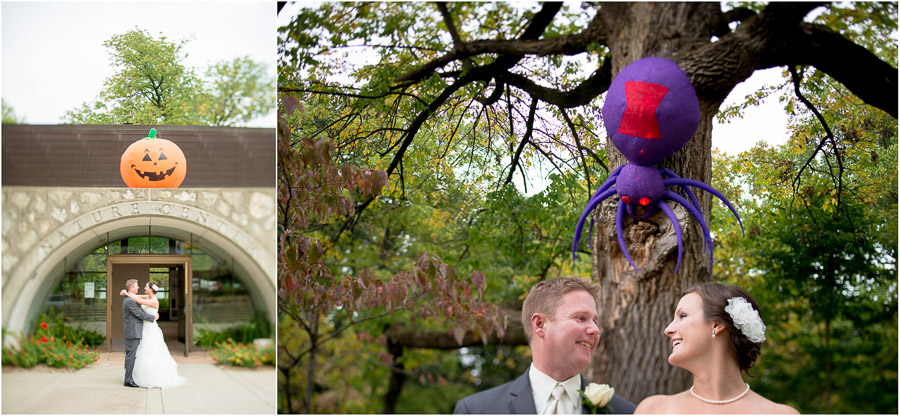 spooky spider and pumpkin with bride and groom at October wedding in Indianapolis