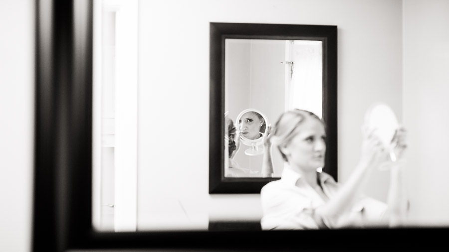 Elegant black and white portrait of bride getting ready at Richmond, VA wedding