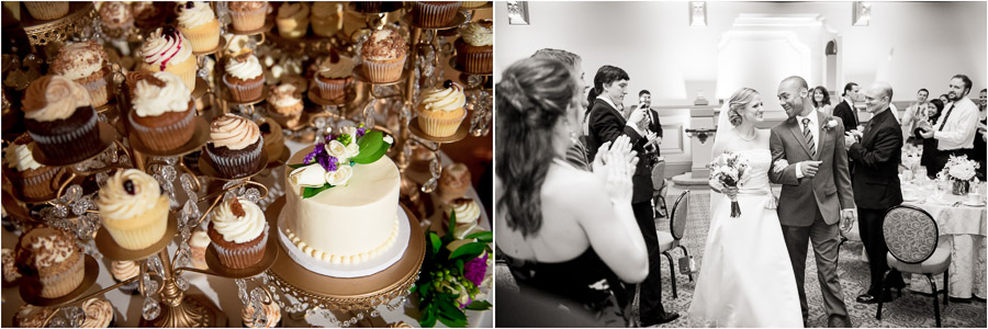 Fancy cupcake display and lovey-dovey bride and groom entering reception.