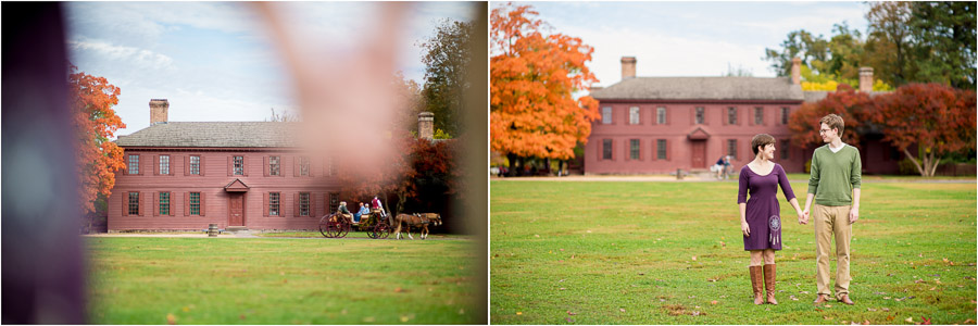 Engagement photos in front of haunted house and horse drawn carriage in Colonial Williamsburg, VA