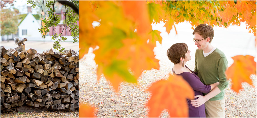 Fall engagement photos and funny squirrel at Colonial Williamsburg, Virginia