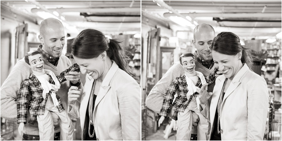 Funny and creepy engagement photos with ventriloquist dummy at Bloomington Antique Mall