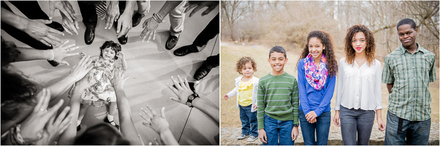 Cute kid on the dance floor and sweet cousins photo at a family photo shoot.