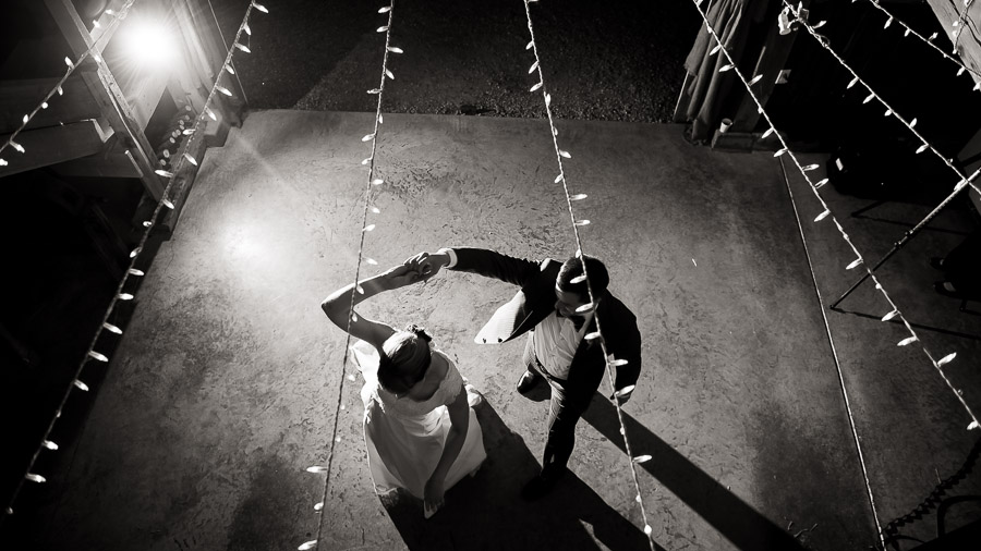 Dramatic black and white first dance photography at an Indiana barn wedding