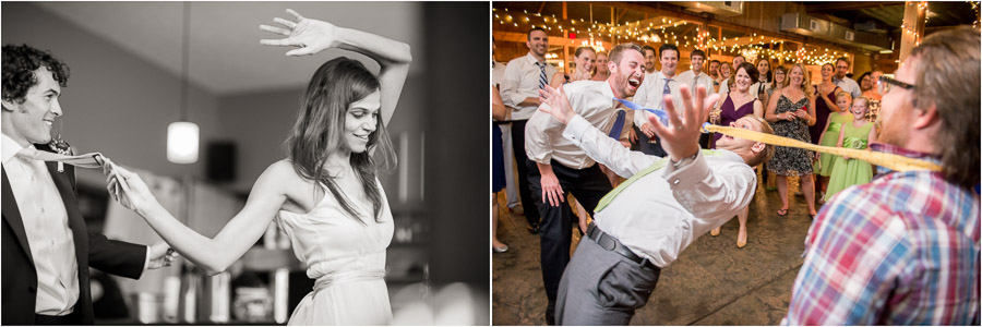 Funny first dance pic and groom doing tie limbo on wild dance floor!