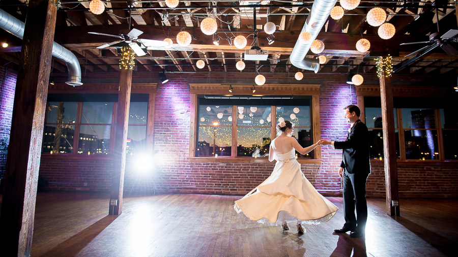 Twirly dress first dance photo with lanterns at The Mavris in Indy.