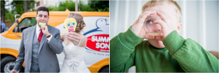 Hilarious portrait of bride and groom with popsicles and little boy with lemonade at IN wedding