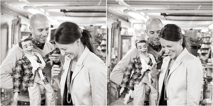 Hilarious engagement photos with ventriloquist dummy at Bloomington Antique Mall