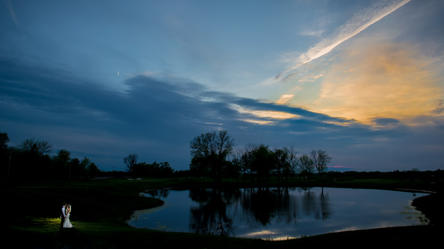 Romantic, beautiful, dramatic wedding portrait at golf course in Indianapolis, IN