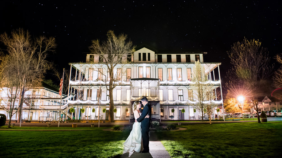 Beautiful night photo of bride and groom at Shrine Mont at Virginia wedding