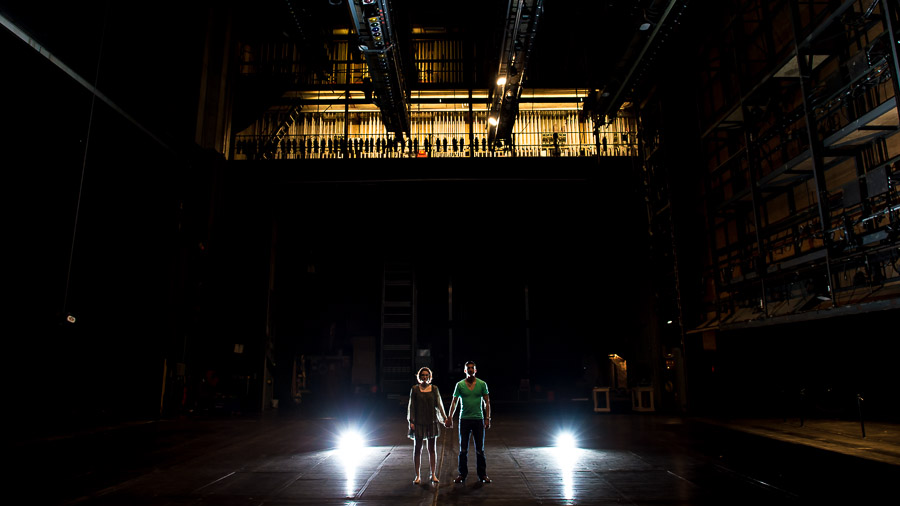 Engagement pics backstage at theater on IU campus by TALL + small Photography