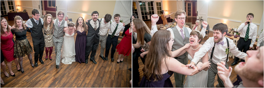 Fun dancing and singalong at King Family Vineyard winter wedding