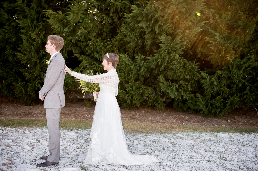 Cute, winter, first look at King Family Vineyard January wedding