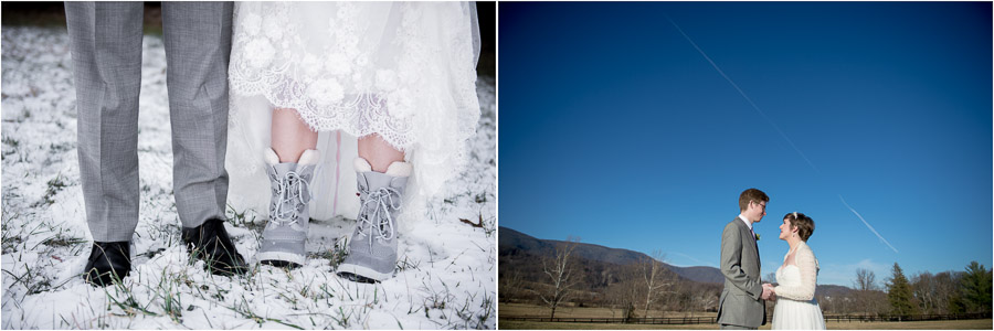 Snowy bride and groom portraits at King Family Vineyard January wedding