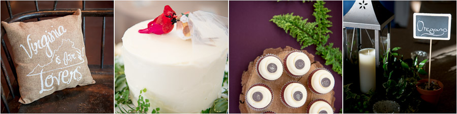 Cute, fun, Virginia wedding details with cardinals, cupcakes and spice signs.