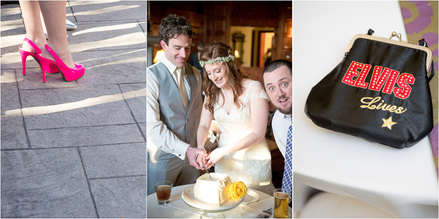 Hot pink shoes, funny cake photobomb, and great Elvis change purse at Indy wedding