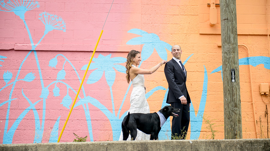 Colorful, urban, wedding first look with a cute dog by TALL+small Photo.