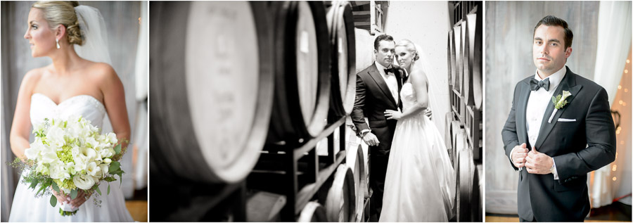 Gorgeous bride and groom portraits amidst wine barrels at Veritas Vineyards wedding