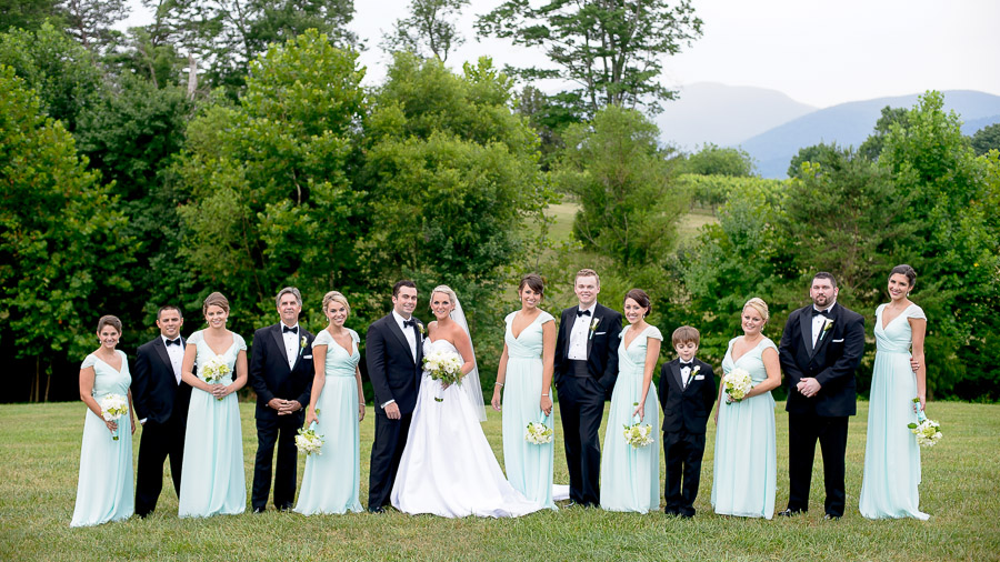 Seafoam green wedding party with gorgeous mountain scenery  at Veritas Vineyards