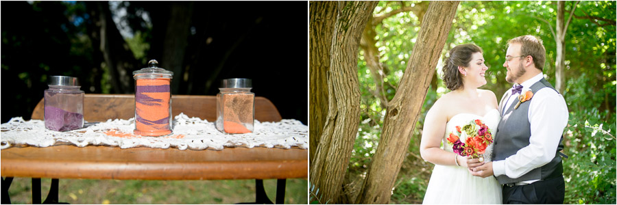 Fun, colorful unity sand jars and bride and groom portrait in woods at Indiana wedding