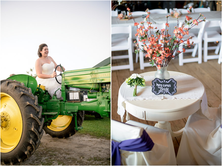 Funny pic of bride on tractor and colorful wedding reception details