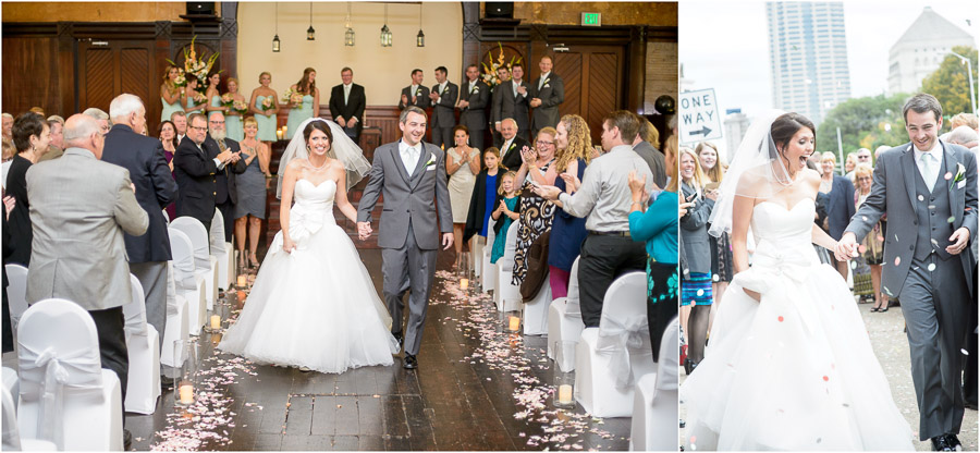 pretty, candid, wedding photos of bride and groom exit at Sanctuary on Penn 