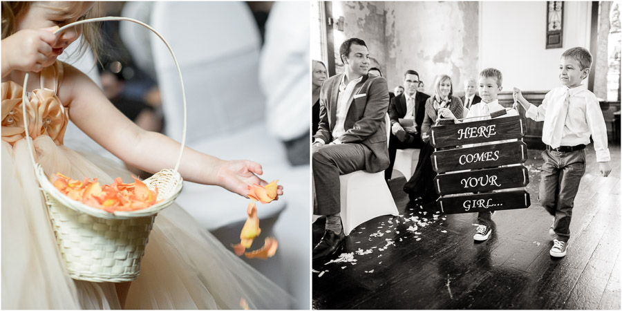 funny flower girl and ring bearers with sign at Indy wedding