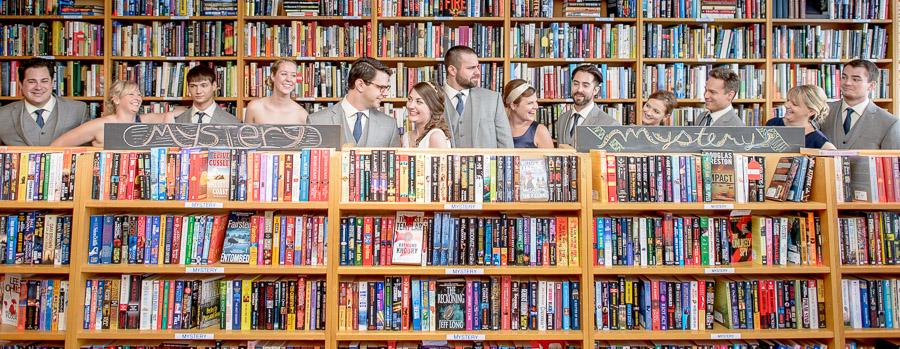 Funny bridal party photo inside Indy Reads Bookstore by TALL+small.