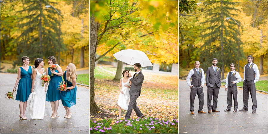 Fun smiles and fall leaves, wedding party pics in Indianapolis