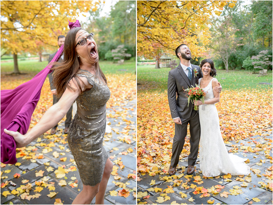 Hilarious mother of the groom photobomb at Indiana fall wedding