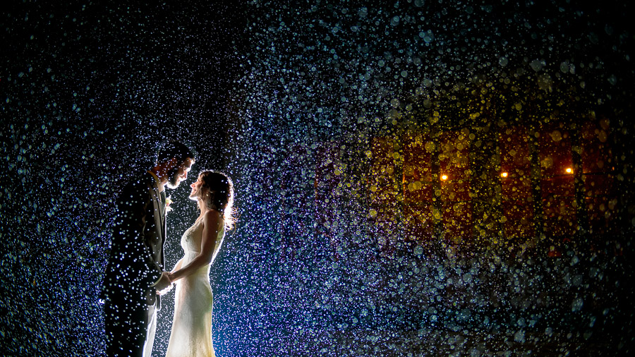 Gorgeous, dramatic, rainy wedding day photo in Indianapolis, Indiana